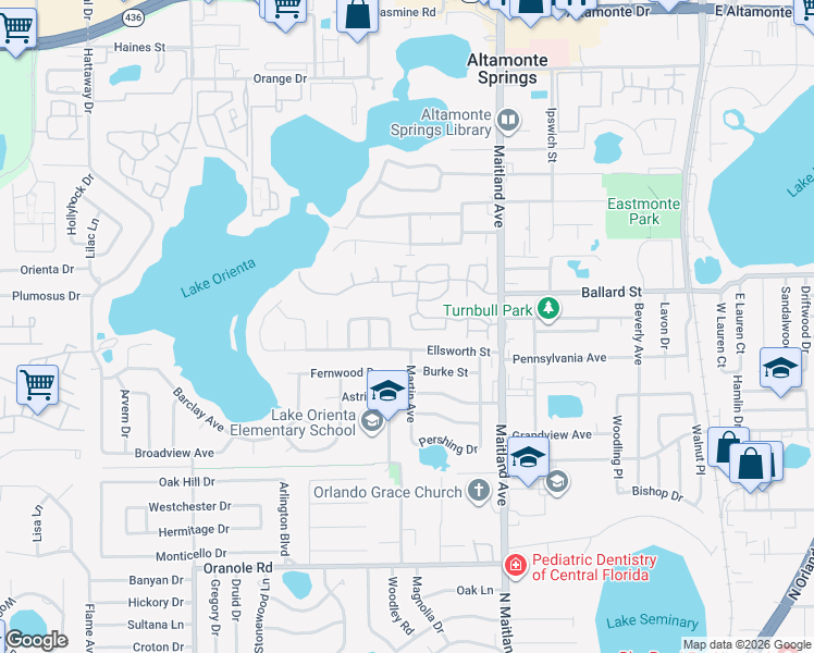 map of restaurants, bars, coffee shops, grocery stores, and more near 615 Ellsworth Street in Altamonte Springs
