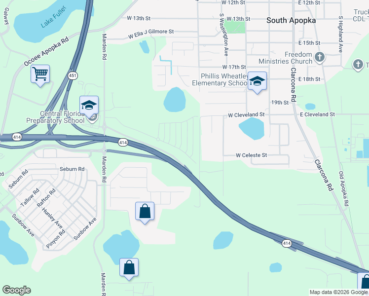 map of restaurants, bars, coffee shops, grocery stores, and more near Maitland Boulevard Extension in Apopka