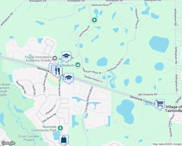 map of restaurants, bars, coffee shops, grocery stores, and more near 3409 Gerber Daisy Lane in Oviedo