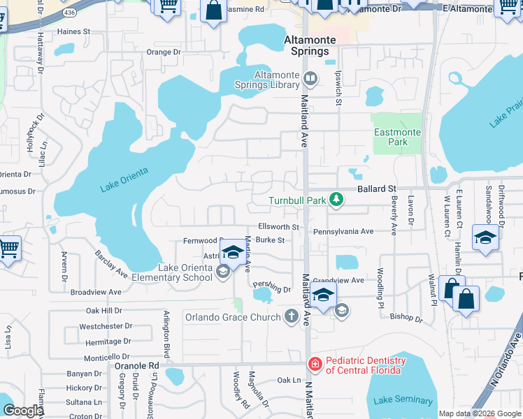 map of restaurants, bars, coffee shops, grocery stores, and more near 615 Ellsworth Street in Altamonte Springs