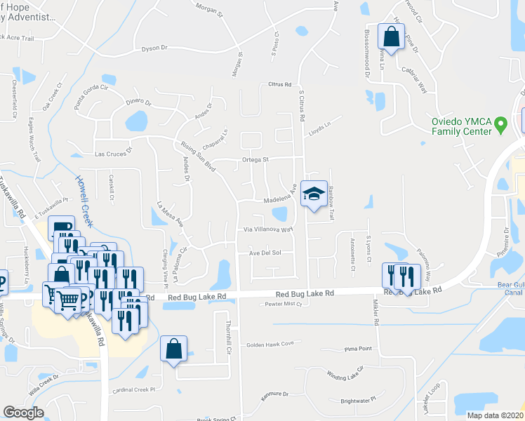 map of restaurants, bars, coffee shops, grocery stores, and more near 1340 Corte Nueva in Winter Springs