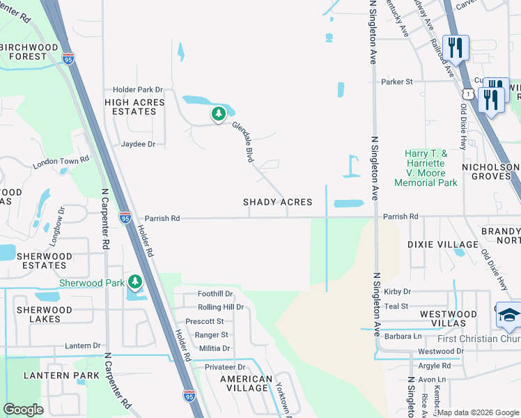 map of restaurants, bars, coffee shops, grocery stores, and more near 3641 Briarcliff Way in Mims