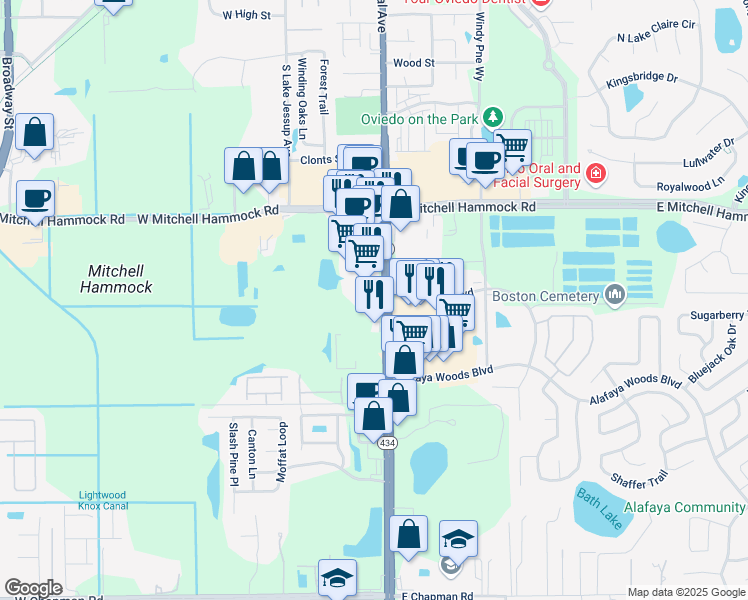 map of restaurants, bars, coffee shops, grocery stores, and more near 1330 Alafaya Trail in Oviedo