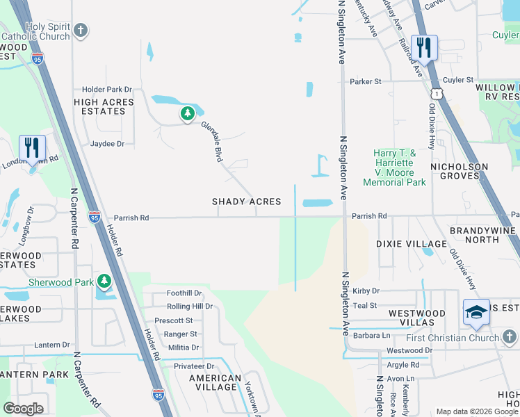 map of restaurants, bars, coffee shops, grocery stores, and more near 3563 Ridgeway Avenue in Mims