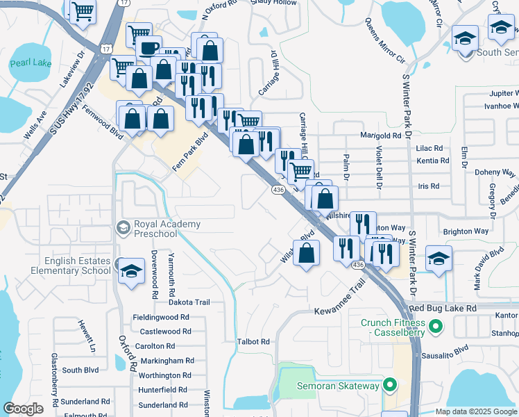 map of restaurants, bars, coffee shops, grocery stores, and more near 244 Maltese Circle in Casselberry