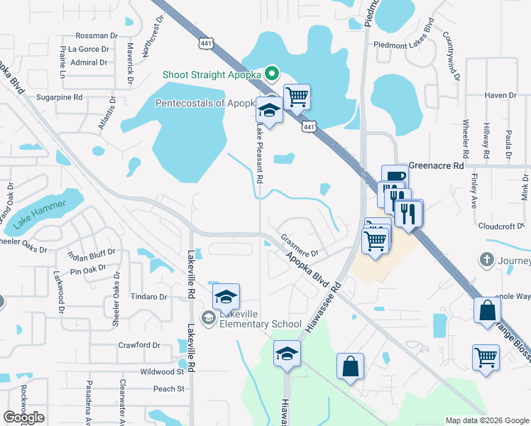map of restaurants, bars, coffee shops, grocery stores, and more near 1611 South Lake Pleasant Road in Apopka