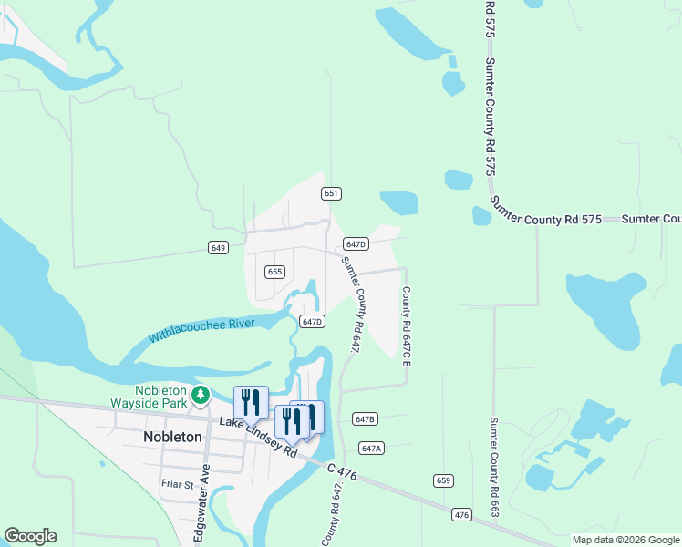 map of restaurants, bars, coffee shops, grocery stores, and more near 9175 County Road 647D in Bushnell
