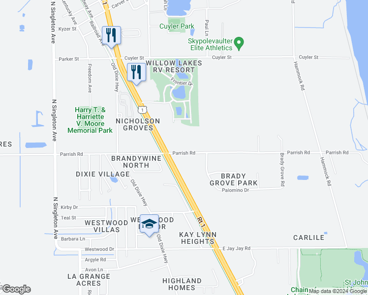 map of restaurants, bars, coffee shops, grocery stores, and more near 2730 Parrish Road in Titusville