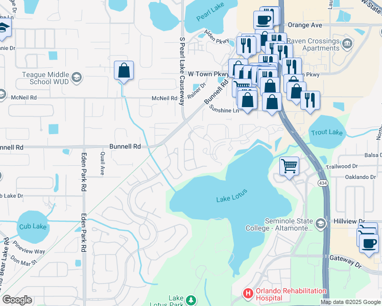 map of restaurants, bars, coffee shops, grocery stores, and more near 582 Brantley Terrace Way in Altamonte Springs