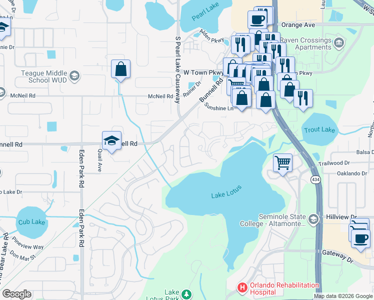 map of restaurants, bars, coffee shops, grocery stores, and more near 581 Brantley Terrace in Altamonte Springs