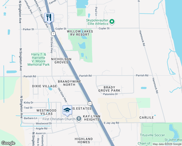 map of restaurants, bars, coffee shops, grocery stores, and more near 2730 Parrish Road in Titusville