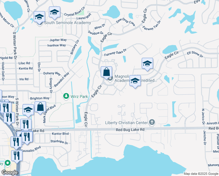 map of restaurants, bars, coffee shops, grocery stores, and more near 980 Eagle Circle South in Casselberry