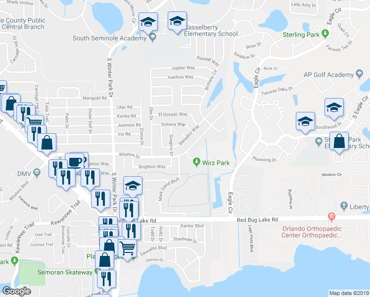 map of restaurants, bars, coffee shops, grocery stores, and more near 611 Benedict Way in Casselberry