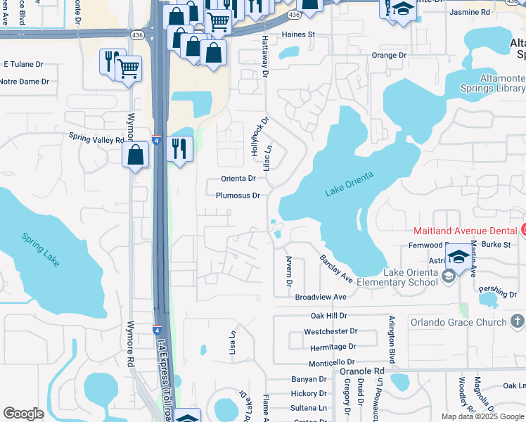 map of restaurants, bars, coffee shops, grocery stores, and more near 150 Plumosus Drive in Altamonte Springs
