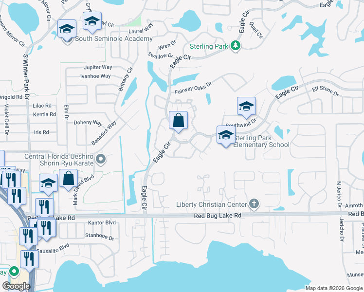 map of restaurants, bars, coffee shops, grocery stores, and more near 980 Eagle Circle South in Casselberry
