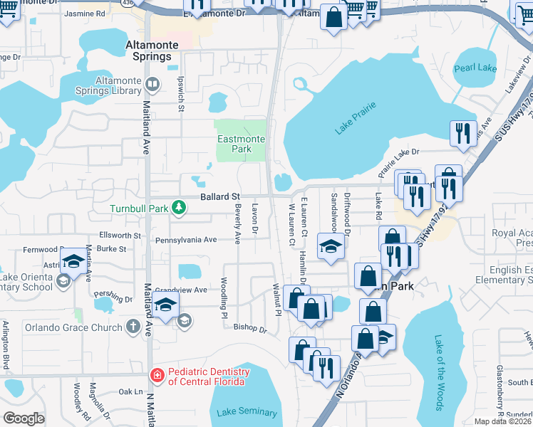 map of restaurants, bars, coffee shops, grocery stores, and more near 508 Camino Court in Altamonte Springs