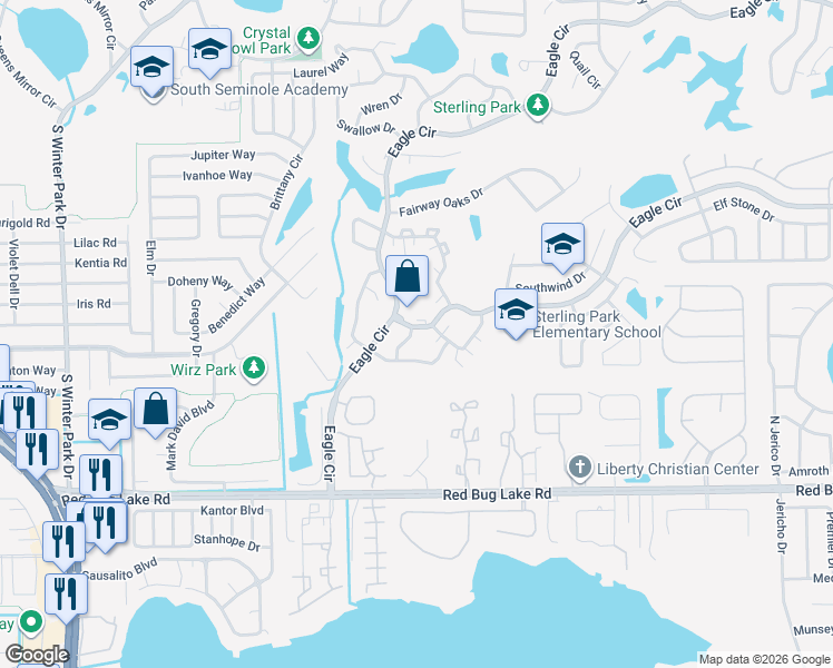 map of restaurants, bars, coffee shops, grocery stores, and more near 980 Eagle Circle South in Casselberry