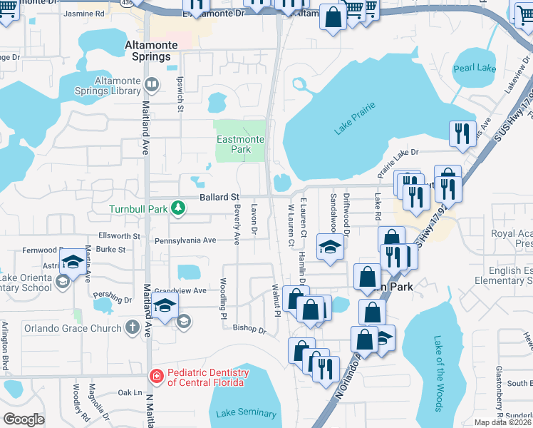 map of restaurants, bars, coffee shops, grocery stores, and more near 508 Camino Court in Altamonte Springs