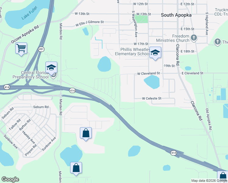 map of restaurants, bars, coffee shops, grocery stores, and more near 1890 South Hawthorne Avenue in Apopka