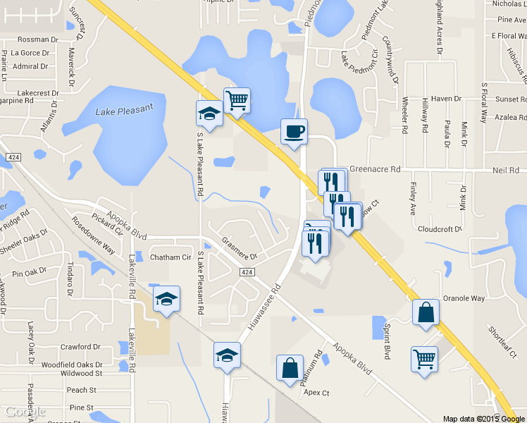 map of restaurants, bars, coffee shops, grocery stores, and more near 1733 Waterbeach Court in Apopka