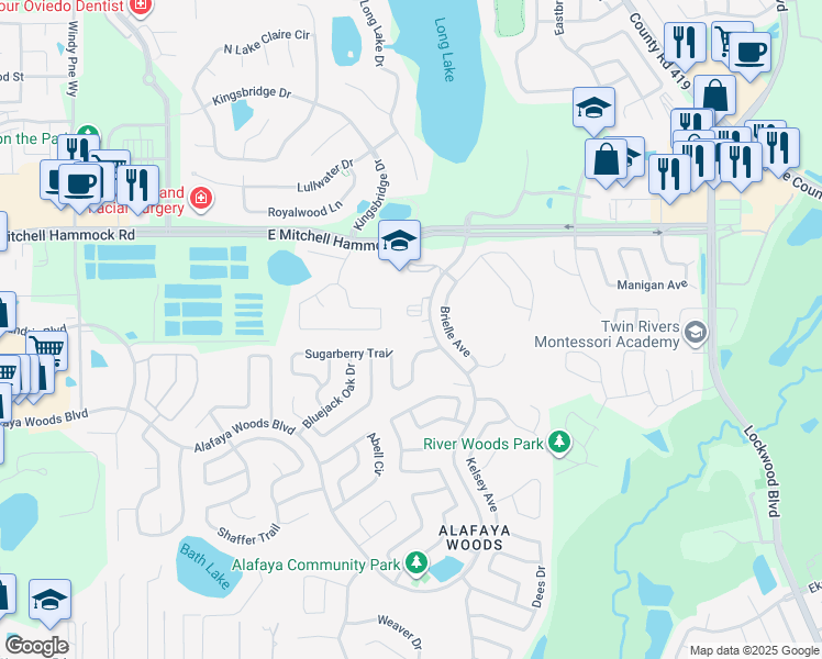map of restaurants, bars, coffee shops, grocery stores, and more near 1600 Alafaya Woods Boulevard in Oviedo