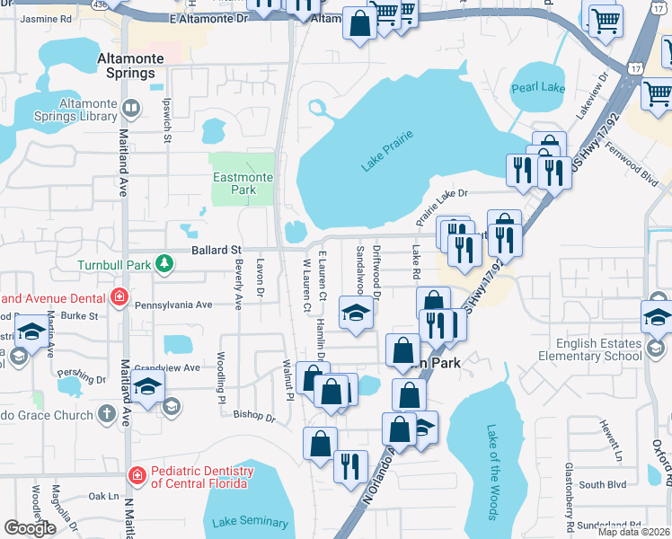 map of restaurants, bars, coffee shops, grocery stores, and more near 105 Highland Drive in Casselberry