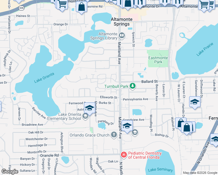map of restaurants, bars, coffee shops, grocery stores, and more near 524 Oak Harbour Drive in Altamonte Springs