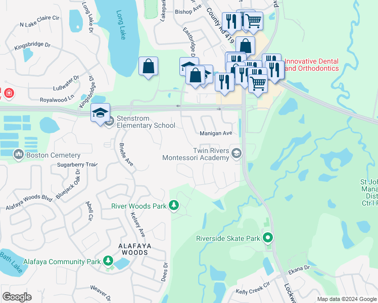 map of restaurants, bars, coffee shops, grocery stores, and more near 1042 Henson Court in Oviedo