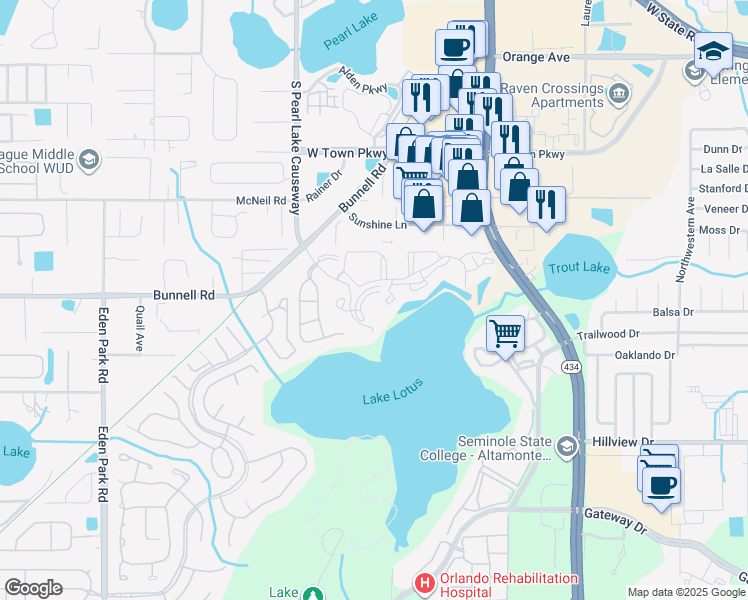 map of restaurants, bars, coffee shops, grocery stores, and more near 1060 Lotus Parkway in Altamonte Springs