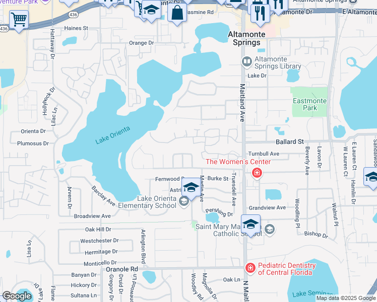 map of restaurants, bars, coffee shops, grocery stores, and more near 521 Mason Street in Altamonte Springs