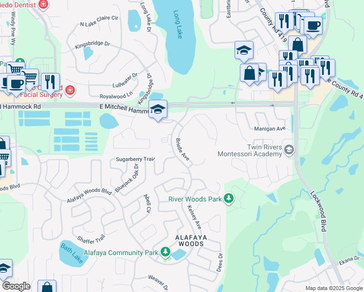 map of restaurants, bars, coffee shops, grocery stores, and more near 1024 Brielle Avenue in Oviedo