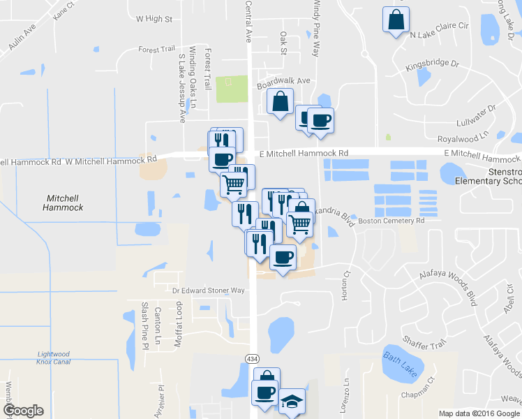 map of restaurants, bars, coffee shops, grocery stores, and more near 117 Reserve Circle in Oviedo