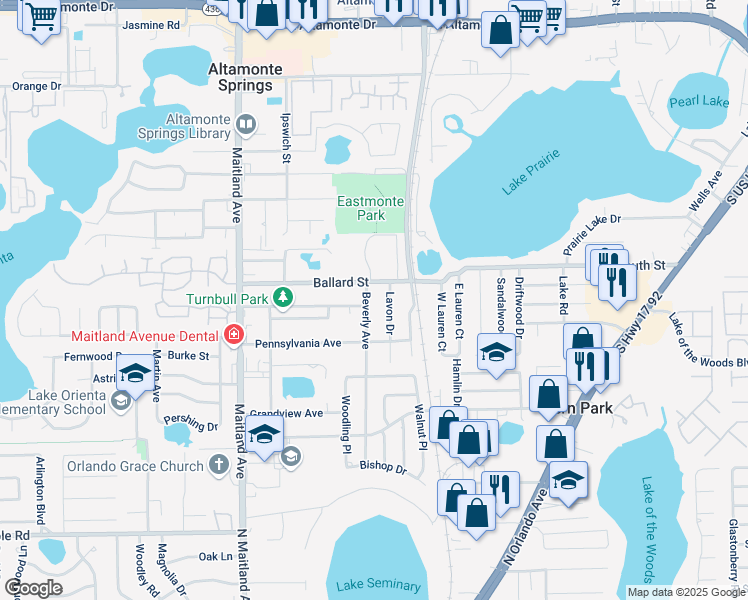 map of restaurants, bars, coffee shops, grocery stores, and more near 503 Beverly Avenue in Altamonte Springs