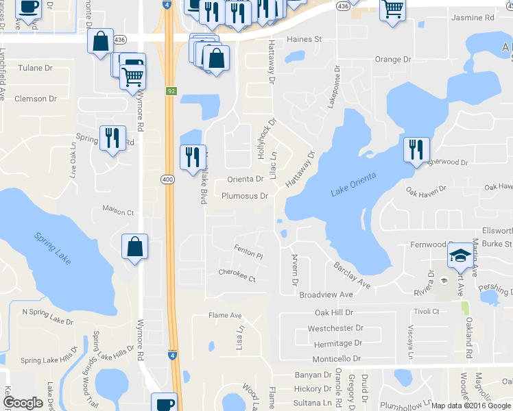 map of restaurants, bars, coffee shops, grocery stores, and more near 150 Plumosus Drive in Altamonte Springs