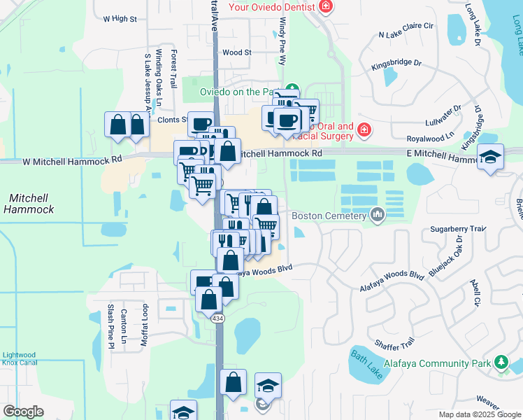 map of restaurants, bars, coffee shops, grocery stores, and more near 120 Alexandria Boulevard in Oviedo