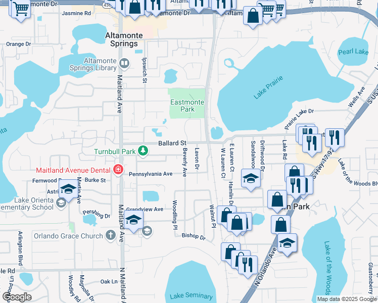 map of restaurants, bars, coffee shops, grocery stores, and more near 503 Beverly Avenue in Altamonte Springs
