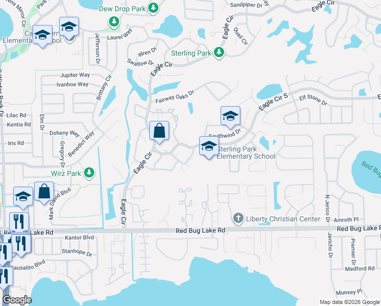 map of restaurants, bars, coffee shops, grocery stores, and more near 937 South Eagle Circle in Casselberry