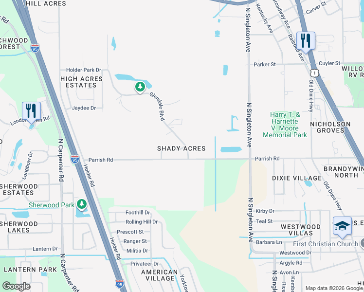 map of restaurants, bars, coffee shops, grocery stores, and more near 3610 Briarcliff Way in Mims