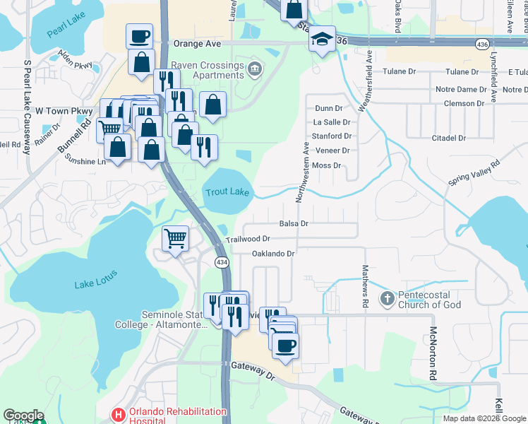 map of restaurants, bars, coffee shops, grocery stores, and more near 531 Pine Court in Altamonte Springs