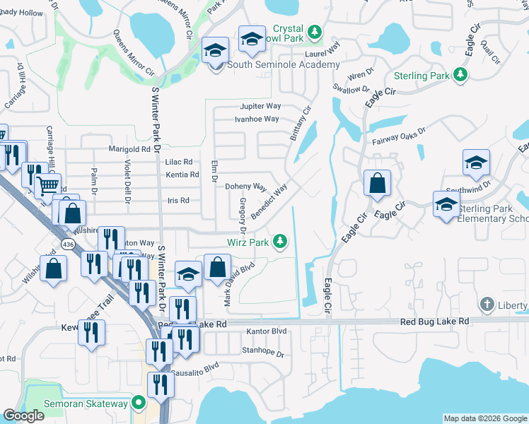 map of restaurants, bars, coffee shops, grocery stores, and more near 611 Benedict Way in Casselberry