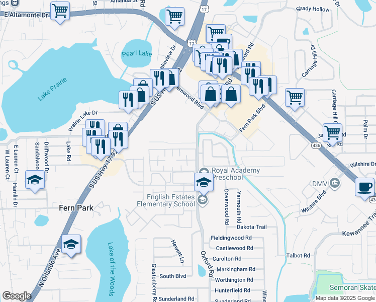 map of restaurants, bars, coffee shops, grocery stores, and more near 108-118 Saint Johns Circle in Fern Park