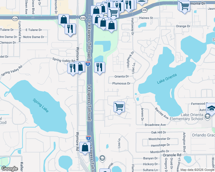 map of restaurants, bars, coffee shops, grocery stores, and more near 174 Plumosus Drive in Altamonte Springs