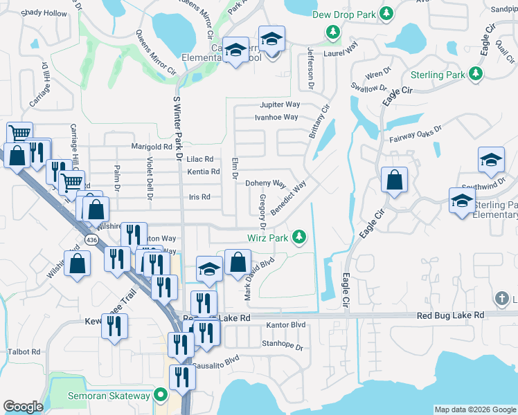map of restaurants, bars, coffee shops, grocery stores, and more near 611 Gregory Drive in Casselberry