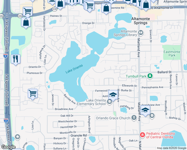 map of restaurants, bars, coffee shops, grocery stores, and more near 408 Oak Haven Drive in Altamonte Springs