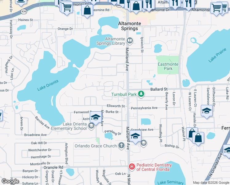 map of restaurants, bars, coffee shops, grocery stores, and more near 524 Oak Harbour Drive in Altamonte Springs