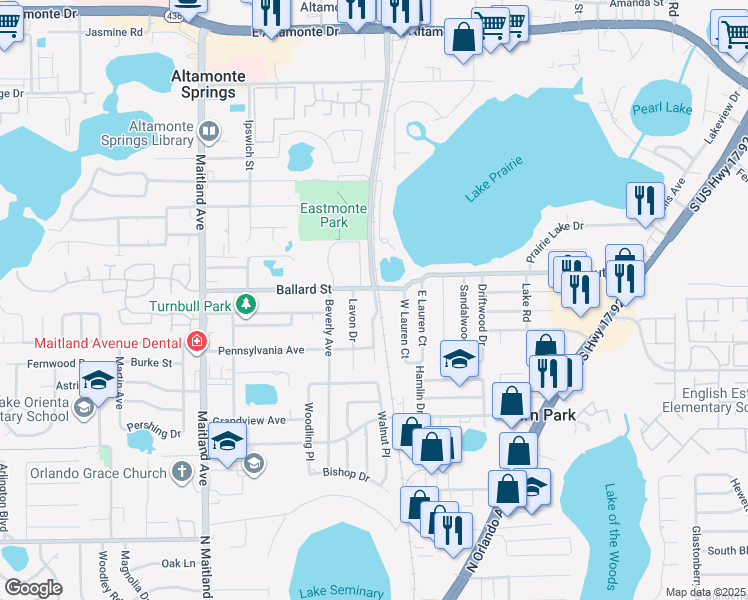 map of restaurants, bars, coffee shops, grocery stores, and more near 508 Camino Court in Altamonte Springs