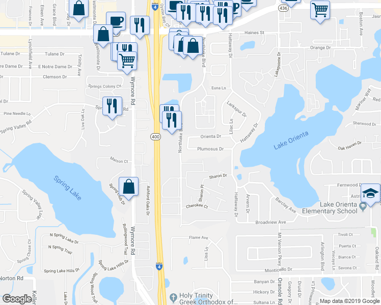 map of restaurants, bars, coffee shops, grocery stores, and more near 174 Plumosus Drive in Altamonte Springs