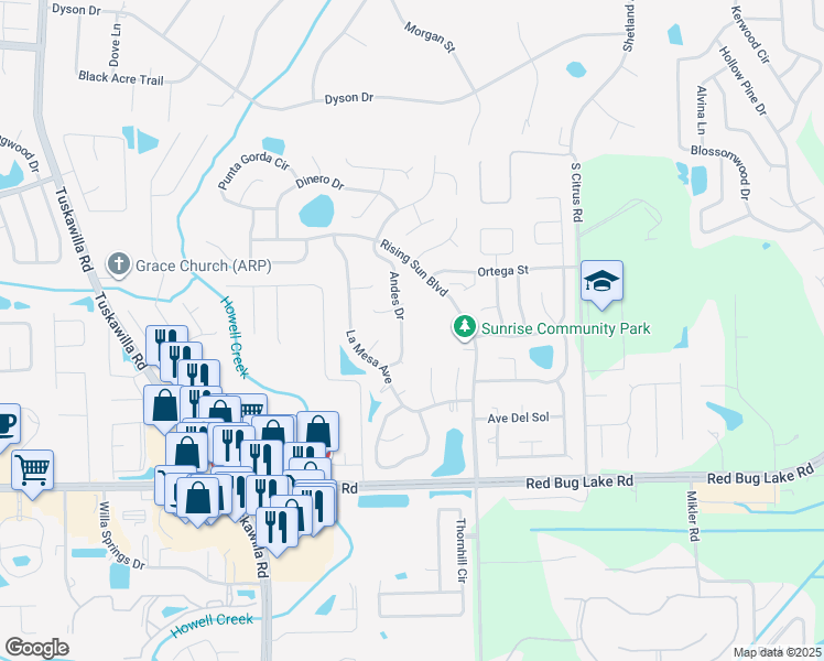 map of restaurants, bars, coffee shops, grocery stores, and more near 1321 Andes Drive in Winter Springs