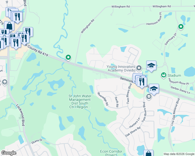 map of restaurants, bars, coffee shops, grocery stores, and more near 1915 Seminole County Road in Chuluota