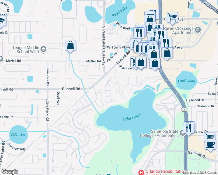map of restaurants, bars, coffee shops, grocery stores, and more near 581 Brantley Terrace in Altamonte Springs